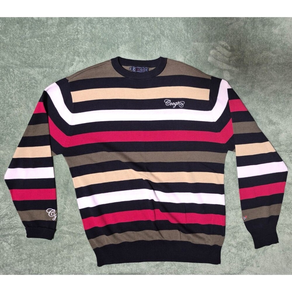 Coogi Striped Multicolor Knit Sweater Sz Large Embroidered Logos Chest & Sleeves